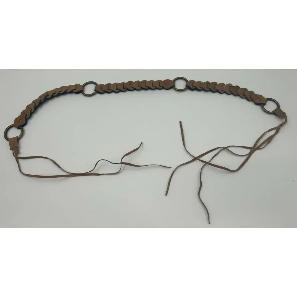 Vintage Boho Brown Braided Leather Link O-Ring Waist Belt Long Fringe Tassels
